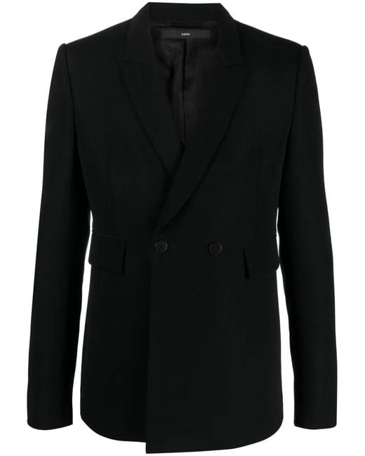 SAPIO Black Double-Breasted Wool-Cotton Blazer for men
