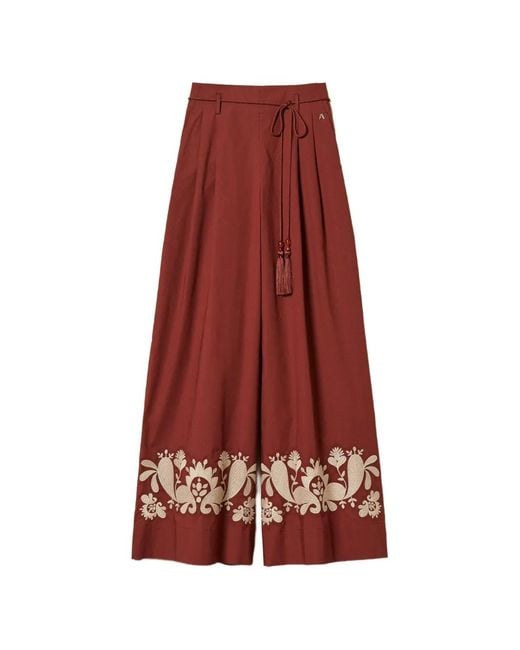 Twinset Red Pantalon Palazzo En Popeline À Broderies