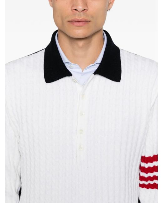 Thom Browne White 4-Bar Cable-Knit Polo Shirt for men