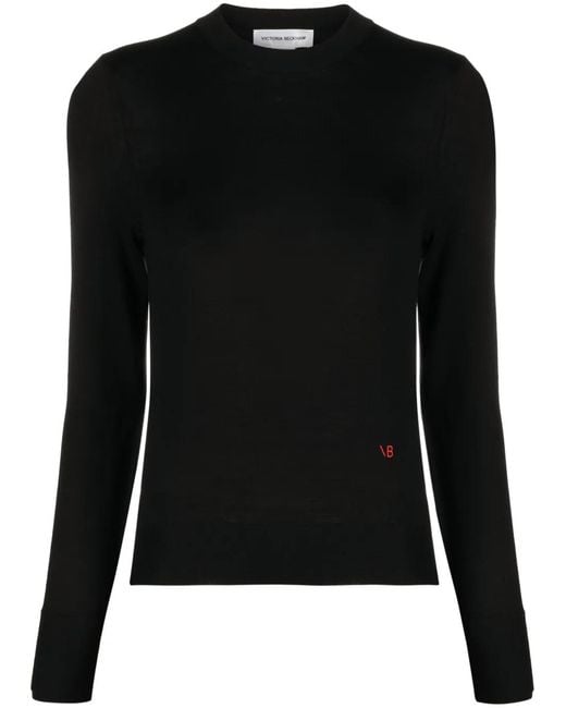 Victoria Beckham Black Logo-Embroidered Merino Wool Jumper
