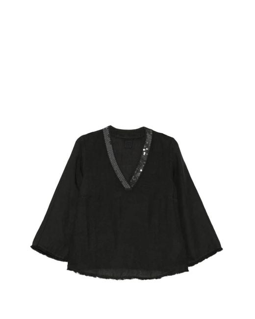 120% Lino Black Sequin-Embellished Blouse
