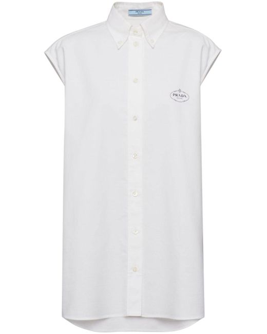 Prada White Ärmelloses Oxford-Hemd mit Logo-Print