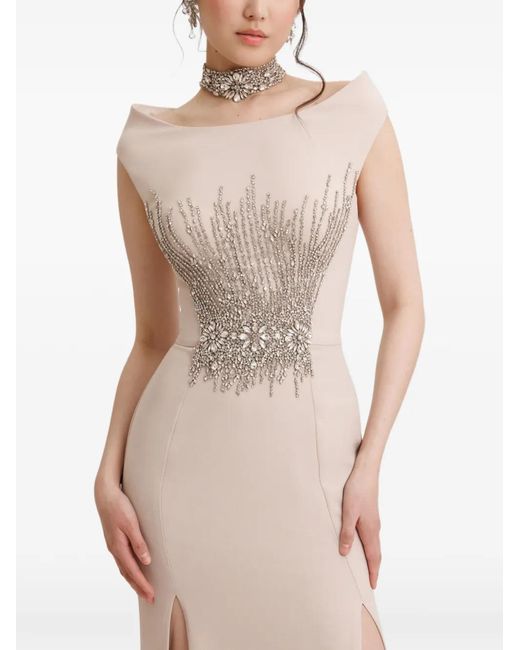 Gemy Maalouf Natural Bateau-Collar Embellished Maxi Dress