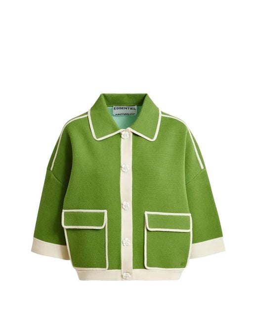 Essentiel Antwerp Green Flower-Appliqué Contrast-Trim Cardigan