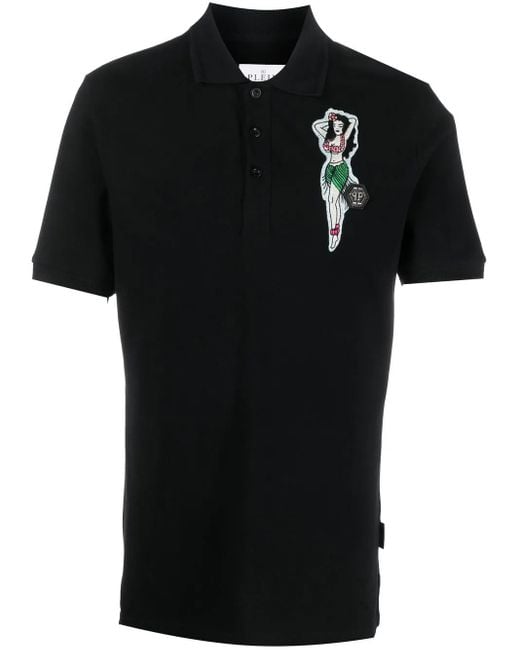 Philipp Plein Black Logo-Patch Polo Shirt for men