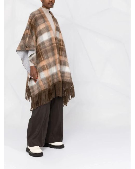 Brunello Cucinelli Brown Check-Print Frayed-Edge Cape