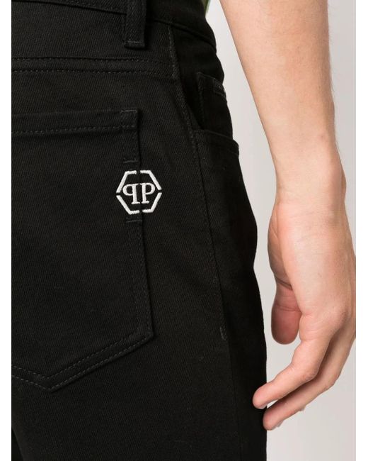 Philipp Plein Black Embroidered-Logo Straight-Leg Jeans for men