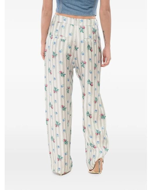 Pierre Louis Mascia Gray Floral-Print Striped Trousers