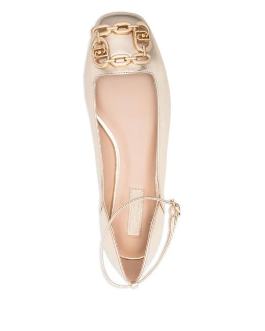 Liu Jo Natural Chain-Embellished Ankle-Strap Ballet Flats