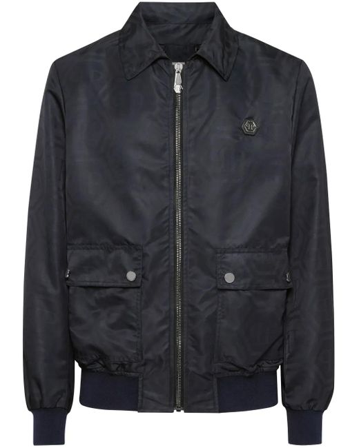 Philipp Plein Black Monogram-Jacquard Bomber Jacket for men