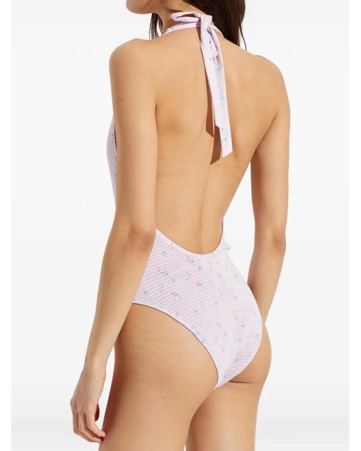 LoveShackFancy White Tie-Neck Floral-Print One-Piece