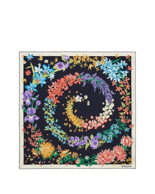 Ferragamo Blue Spring-Print Silk Scarf