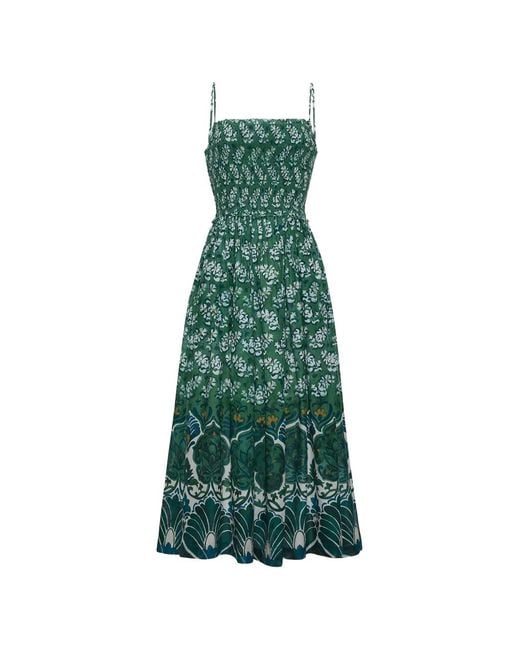 Cara Cara Green Carmen Floral-Print Smocked Midi Dress