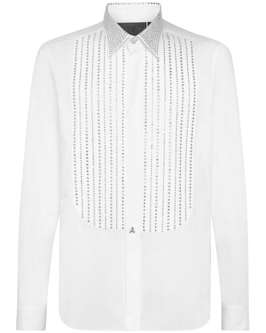 Philipp Plein White Crystal-embellished Long-sleeve Shirt for men