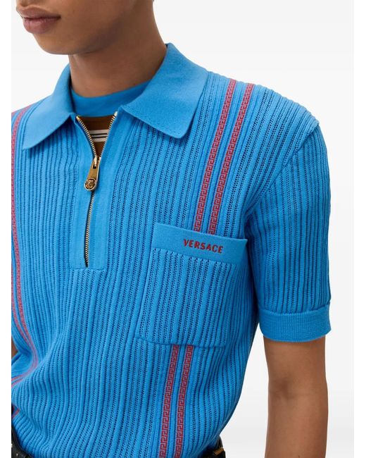 Versace Blue Embroidered-Logo Cotton Knit Polo Shirt for men