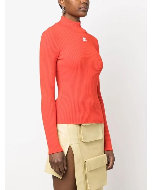 Courreges Red Logo-Patch Roll Neck Jumper