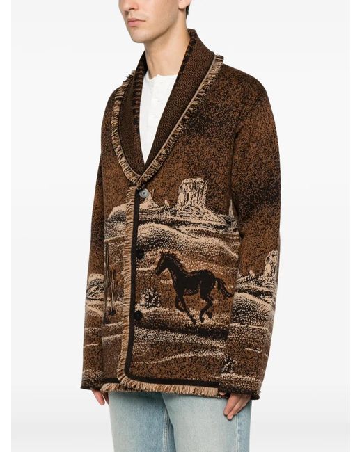 Alanui Brown Landscape-Pattern Fringed Jacket for men