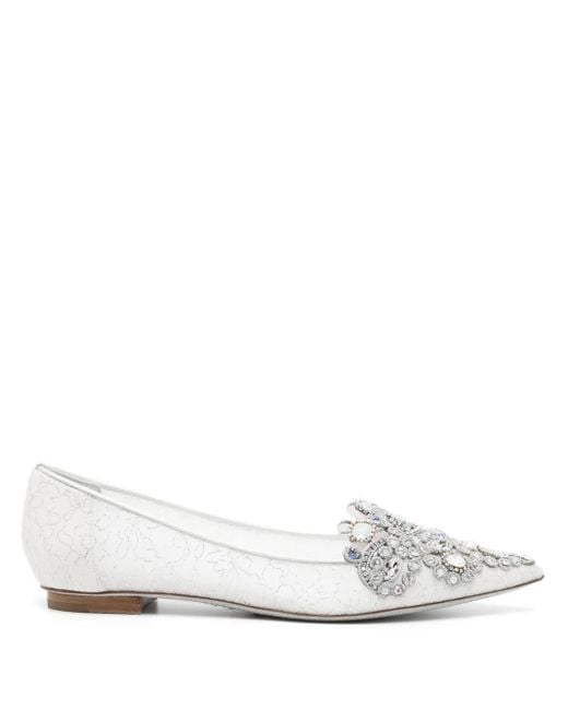 Rene Caovilla White Veneziana Crystal Ballerina Shoes