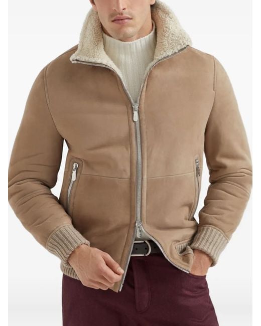 Brunello Cucinelli Brown Suede Jacket With Shearling Collar for men