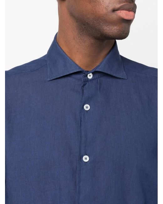 Fedeli Blue Poplin Long-Sleeve Shirt for men