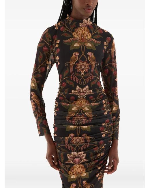 Farm Rio Black Ruched Floral Midi Dress