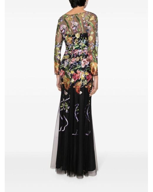 Marchesa Black Ribbons Floral-embroidered Gown