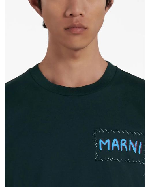 Marni Green Short-Sleeve T-Shirt With Rectangular Patch Design for men