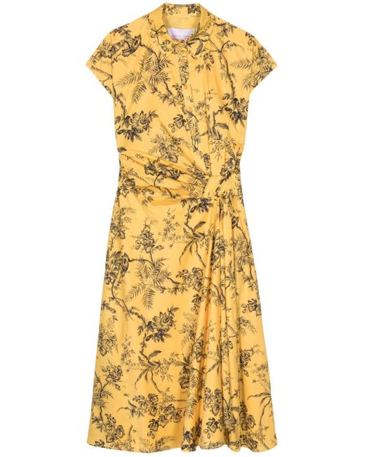 Carolina Herrera Yellow Floral-print Gathered Cotton Dress