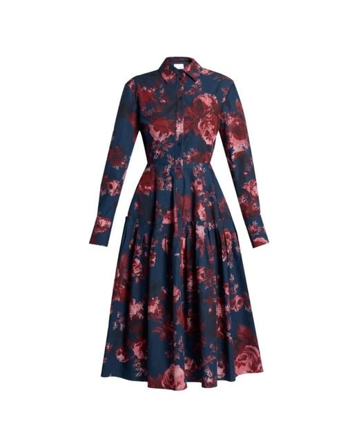 Erdem Blue Floral-Print Long-Sleeve Shirt Dress