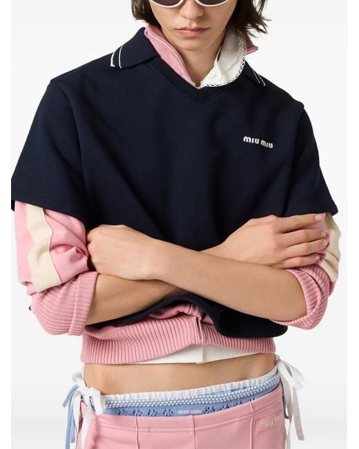 Miu Miu Blue Cropped Cotton Fleece Sweatshirt