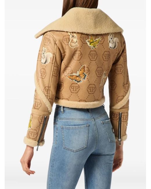 Philipp Plein Natural Monogram Embroidered Shearling Jacket
