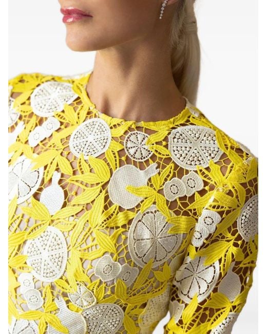 Lela Rose Yellow Holly Fruit-Motif Lace Mini Dress