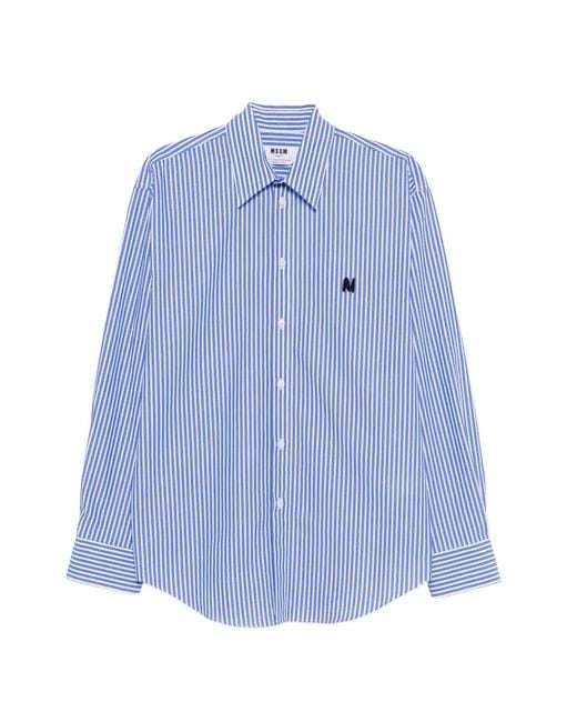 MSGM Blue Striped Shirt With Embroidered Logo for men