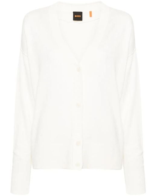 Boss White V-Neck Ribbed-Knit Cardigan