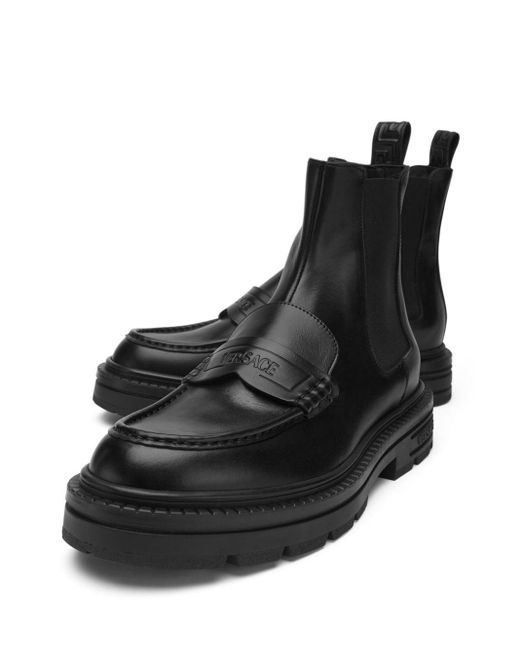 Versace Black Logo-debossed Leather Ankle Boots for men