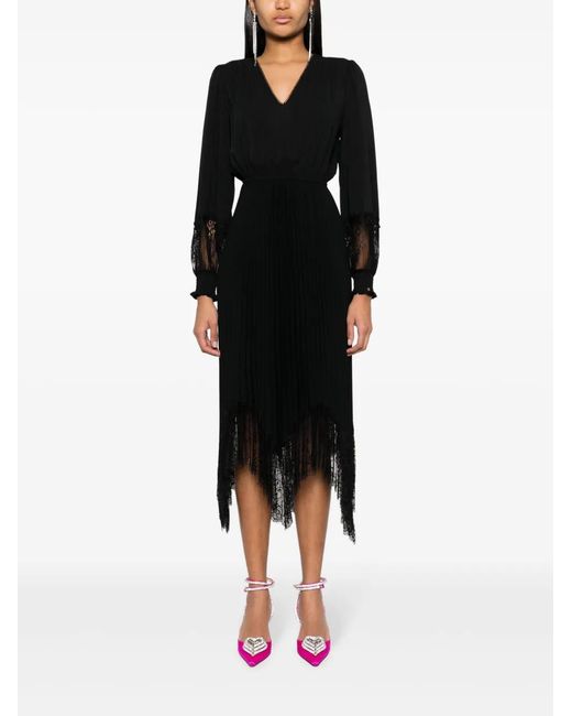 Nissa Black Lace-Trim Pleated Midi Dress