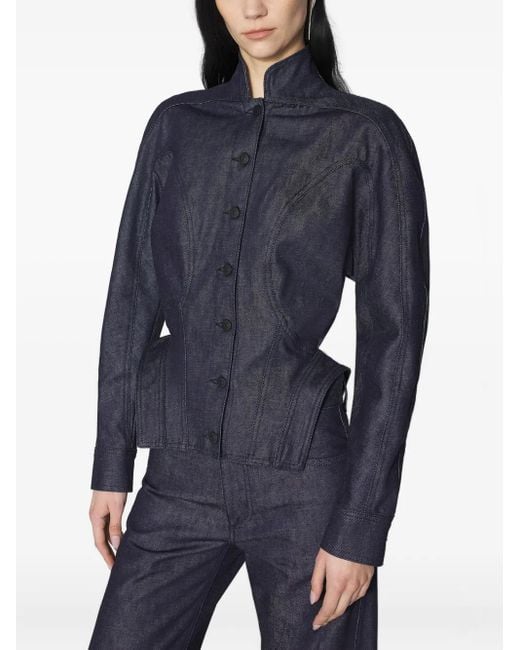 Mugler Blue Button-Fastening Sculptural Cinched Jacket