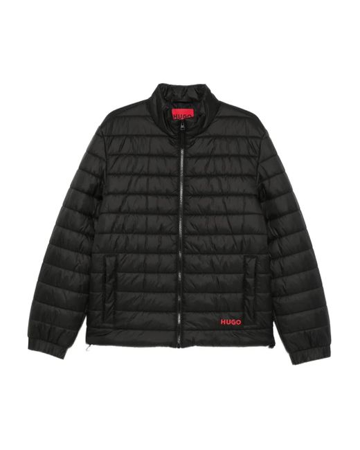 HUGO Black Embroidered-Logo Padded Jacket for men