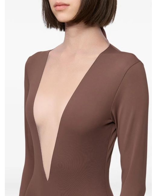 Atu Body Couture Brown Tulle-Insert Long-Sleeve Top