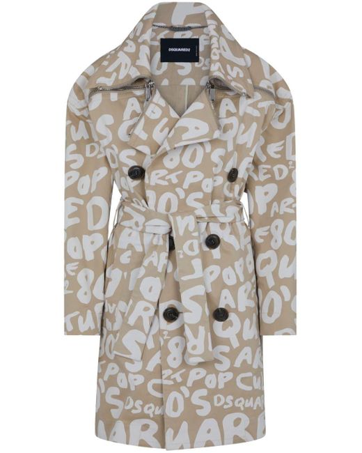 DSquared² Gray Text-print Belted Trench Coat