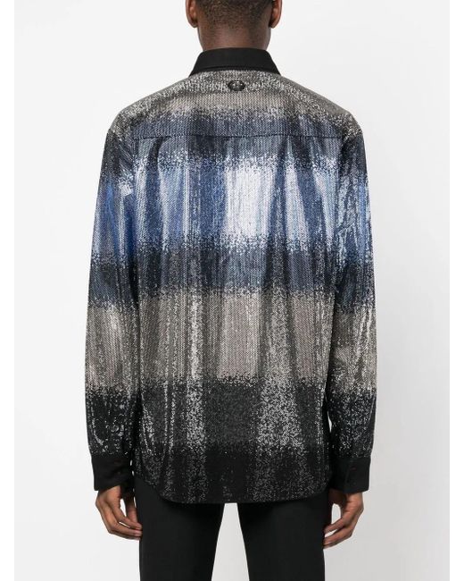 Philipp Plein Blue Striped Sequin Shirt for men
