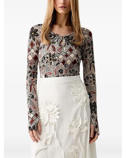 Farm Rio Gray Floral-Print Keyhole-Neck T-Shirt