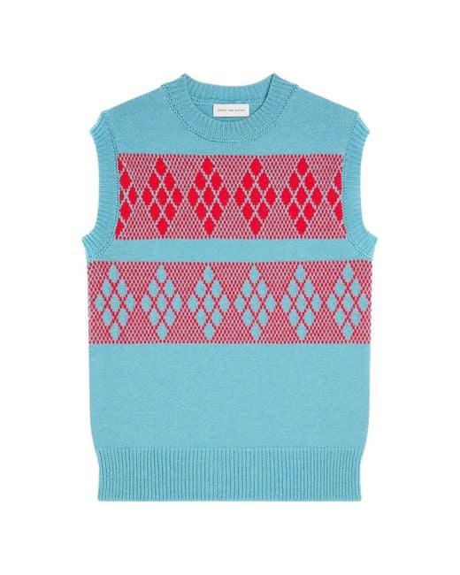 Dries Van Noten Blue Jacquard Wool Sweater for men