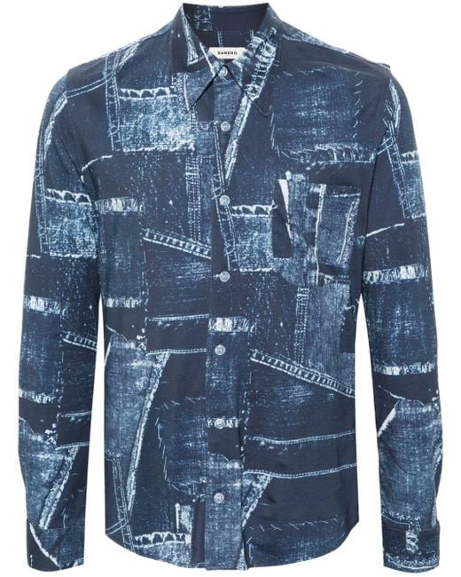 Sandro Blue Patchwork-print Cotton Shirt for men