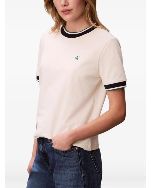 Calvin Klein Natural Logo-Embroidered Striped-Trim T-Shirt