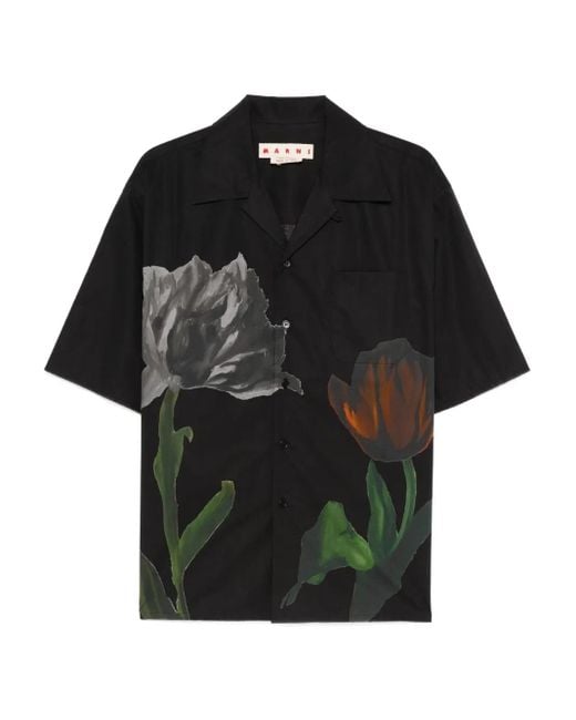 Marni Black Floral-Print Short-Sleeve Shirt for men