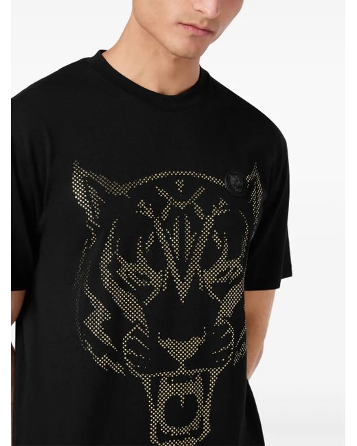 Philipp Plein Black Tiger-Print Logo-Patch T-Shirt for men