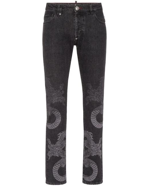 Philipp Plein Gray Dragon-Print Washed Straight-Leg Jeans for men