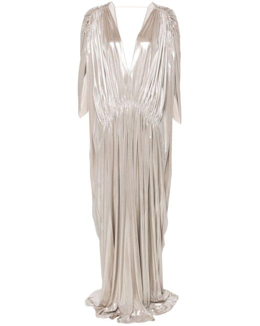 Genny White Lamé-effect Pleated Gown