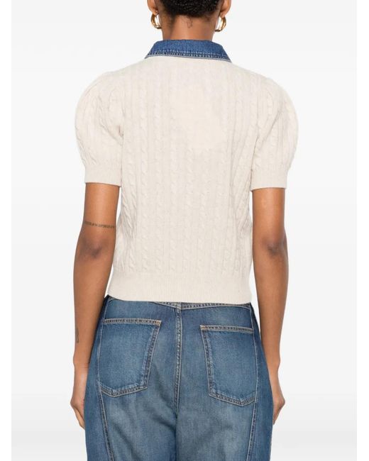 Sandro White Cable-Knit Denim-Collar Cardigan